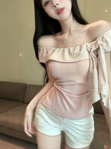 GUZILIAN | Pink Plaid Short Sleeve One Shoulder Fake Two-Piece T-Shirt Womens Summer Beautiful Spicy Girl Unique Cute Small Top