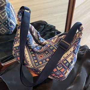 Trendy Ethnic Canvas Crossbody Bag Womens Fashionable Shoulder Bag Casual Simple Style Zipper Closure Soft Geometric Pattern