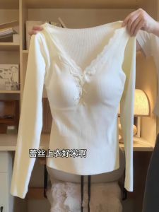 Cherry Blossom V-neck Lace Splice Long Sleeve Knitted Top Womens Base Shirt Butterfly Knot Simple Style Regular Fit Autumn New