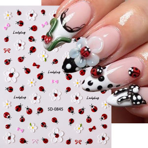 1Pc 5D Embossed Ladybug Flower Nail Stickers Red Black Beetle Daisy Pink Bow Nails Decal White Five Petals Floral Manicure Decor