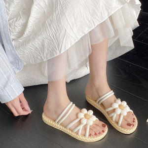 IELGY 2025 New Fashion Flower Womens Straw Roman Beach Sandals