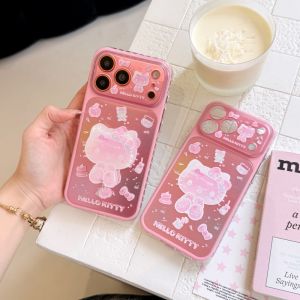 Sanrio | Kawaii Cartoon Sanrio Cute 3D Cartoon Pink KT Stand Holder Phone Case For iPhone 15 16 17 Pro Max Soft Silicone Back Phone Cover