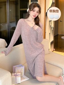 Loose Long Sleeve V-Neck Womens Sleep Dress with Chest Pad Korean Style Spring Autumn Cotton Home Clothes Nightgown