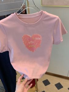 Summer New Short Sleeve Pure Cotton Pink Heart Shaped T Shirt Women Slimming Youthful Korean Style round Neck Print Top Trendy