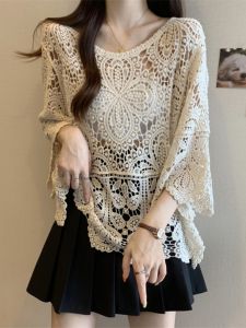เสื้อคลุมถักแบบหลวมๆ สำหรับผู้หญิงในช่วงฤดูร้อน เสื้อคลุมแขนยาวทรงหลวมๆ สไตล์หวานๆ คอตั้ง แขนยาว 7 นิ้ว