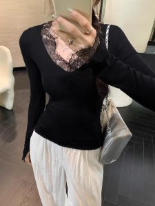 Áo Thun Nữ Dài Tay Ren Ôm Vừa Vặn Cổ Chữ V Áo Thun Lót Ren Gợi Cảm Mùa Thu Mới Về Áo Thun Nữ Dài Tay Ôm Vừa Vặn