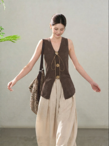 HTMEME | Áo Knit Mùa Hè Cổ V Slimming Nút Gỗ Vintage