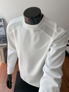 เสื้อฮู้ดแขนยาวสีขาวทรงหลวมสำหรับผู้ชาย เสื้อยืดคอกลม เสื้อชั้นในฤดูใบไม้ร่วง ระบายอากาศได้ดี ทรงบ็อกซี่ สวมใส่สบาย