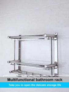 Storage Racks Organizer Bathroom Shelf Organizer stainless steel Towel Rack Punch-free Shower room Shelf With Hooks And Adjustable Bar Bathroom Shelves Rust Proof Stand Paste Installation Wall Mounted Washroom Accessories Set