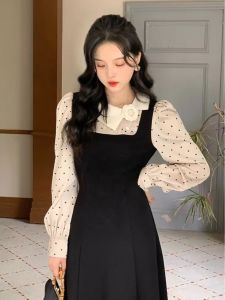 French Hepburn Style Slim Looking Polka Dot Dress Female Slightly Oversized Girls Retro Contrast Colors False-Two-Piece Retro Waist-Controlled Black Dress