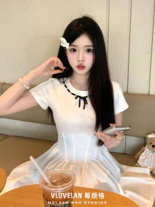 Retro Princess Style Puffy Summer Dress White Short Sleeve Waist Cinched Slimming A-Line College Fashion Mini Dress for Women