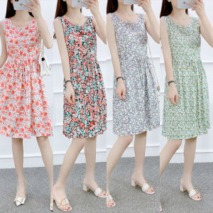 Fashionable Sleeveless Silk Cotton Dress Womens Outerwear Summer New Mid-Length Artificial Cotton Floral Beach Skirt