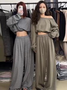 Early Autumn 2025 Spicy Retro Short Sweatshirt High Waist Slim Wide Leg Casual Pants Set for Women Fashionable Student Uniform