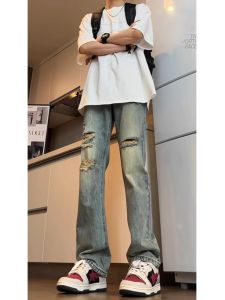 กางเกงยีนส์ทรงตรงทรงสลิมฟิตสไตล์อเมริกันย้อนยุคสำหรับผู้ชาย กางเกงขายาวทรงหลวมบางๆ ทรงหลวมๆ ทรงหลวมๆ ทรงหลวมๆ