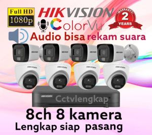PAKET CCTV HIKVISION 8 CHANNEL 8 KAMERA 2MP COLORVU AUDIO FULL COLOR SIANG MALAM