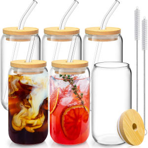 Set of 2/4/6 Glass Can Shaped Cups 500ml with Spill-Proof Lids And Straws Straw Cleaning Brushes For Birthday Summer Festival