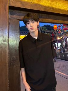 Black Polo Shirt Mens Summer Heavyweight Pure Cotton Half Sleeve Shirt High Street Style Short Sleeve T-Shirt Loose Fit Casual Wear