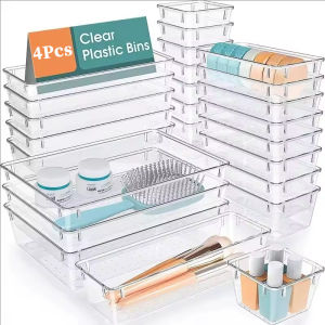 4pcs Desk Drawer Organizers Set / Clear Plastic Desk Dividers Bins / Cosmetics Sundries Storage Box / for Bedroom Dresser Office