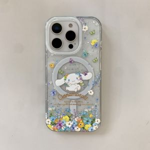 Kawaii Cartoon Flower Print Magnetic Suction Phone Case for iPhone 17 pro Womens Style Protective Cover Compatible with Apple 16 pro Max