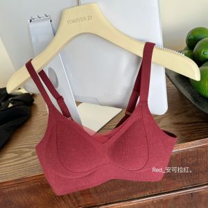 สีแดง ผ้าขนแกะ ปัดขน แบบมีด้าย  บราไร้โครง ผู้หญิง ตาข่าย แผ่นรองคัพคงที่ ชุดชั้นในบราแสนสบายสุด ๆ