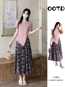 Summer plus Size Black Short Sleeve Top with Asymmetrical Slit And Floral Skirt Set Womens Meat Concealing A-Line Midi Dress