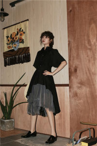 Retro Style Mesh Splice Dress Womens Summer Short Sleeve High Waist A-Line Midi Skirt Two-Piece Set Sweet And Cool Black Dress