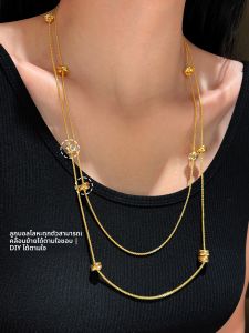 สร้อยคอแบบชั้นในสองชั้นสีทองยาว สร้อยคอสุดหรูสำหรับผู้หญิง สร้อยคอสเวตเตอร์ วัสดุ Zirconia แหวนคู่ สร้อยคอแบบลำลอง สไตล์ยุโรป