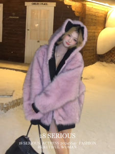 Pink Double-Sided Wear Cat Ears Thickened Cotton Jacket Womens Autumn Winter Lazy Sweet Looking Fluffy Coat Casual Hooded Zipper Closure