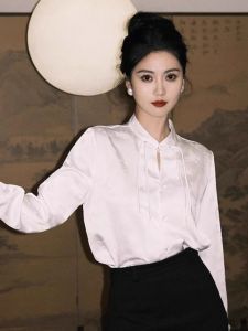Elegant Silk Shirt Collared Womens Fashion Spring New Chinese Style Stand-up Collar National Trend Commute Straight Tube Long Sleeve