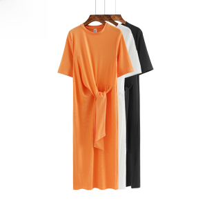 Summer New Pure Cotton Slim Fit round Neck Short Sleeve Korean Style Dress Womens Internet Celebrity T-Shirt Casual Long Dress