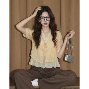 ZISUO | Illusion Layered V-Neck Tie Front Blouse