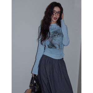 Blue round Neck Cat Print Slim Fit Long Sleeve T-Shirt Korean Style Commute Fashion Womens Knitted Wear for Young Girls