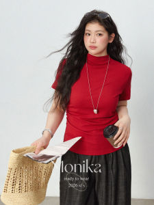 Áo thun Cropped tay ngắn cổ giả cao nửa vai thường mùa thu tôn dáng ngoại cỡ