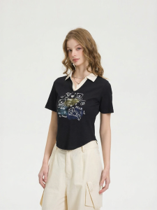 New Summer Cute Pattern Color Block Womens Short Sleeve Polo Shirt
