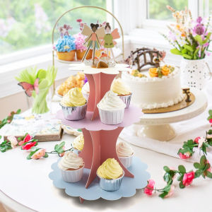 Pastel Fairy Cupcake Stand for Birthday Party Fairy Party Cake Serving Tray Flower Cake Stand for Forest Tea Party Party Supply
