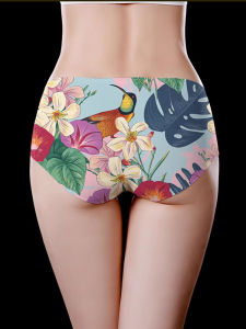 Personality Panties Female Charming New Arrival 2024 Ink Painting Florals 3D Pattern Seamless Print Silky Ice Silk Briefs