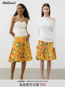 Tropical Orange Print Heavy Embellished A-Line Midi Skirt Holiday Vibes Half-length Pleated Skirt High Waist Polyester Blend