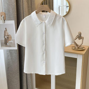 Casual Chiffon Basic Pure Color White Shirt Summer Commute Simple Short Sleeve Top Womens Loose Fit Sweet Style College Gradient Pattern