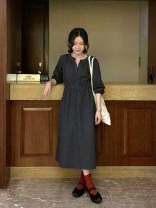 Slimming French Gentle Style Midi Dress Womens High Waist A-Line Skirt Long Sleeve V-Neck Cotton Autumn Fashion Elegant