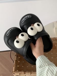 Comfortable Soft Bottom Couple Thong Slippers Summer New Style Funny Big Eye DIY Hole Hole Shoes Fine Strips Korean Version