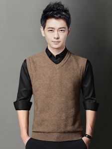 ROMON | Romon Mens Knitted Sweater Vest V-Neck Sleeveless Midlife Dad Style Spring Autumn Fashion Urban Business Casual Standard Fit
