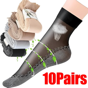 10Pairs Female Summer Ankle Silk Socks Transparent Ultra-thin Invisible Socks Cotton Sole Sheer Ankle Socks Non-Slip Bottom Short Socks High Elastic Nylon Socks