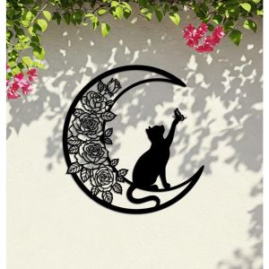 CIFbuy | CIFbuy Metal Wall Art Cat On Crescent Moon Floral Decor Black Cat Silhouette Sign For Cat Lovers And Cat Moms Home Room