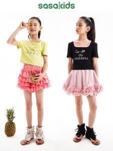 LovEasAKids Girls Short Sleeve T-Shirt Colorful Hand Embroidered Butterfly Knot Square Collar U-Neck Short Length Summer Top