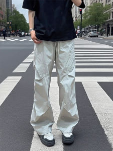 Quick Dry Paratrooper Workwear Pants Mens Summer American Slant Cut Pleated Ice Silk Design Thin Straight Leg Casual Trousers