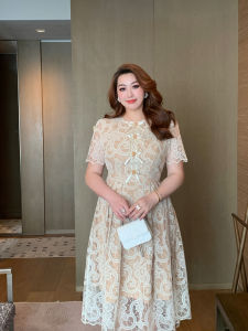 GLEC plus Size Summer New French Vintage Lace Embroidery Butterfly Knot Netting Splicing Dress Elegant A-Line High Waist Cotton Blend Polyester Fiber Midi Dress