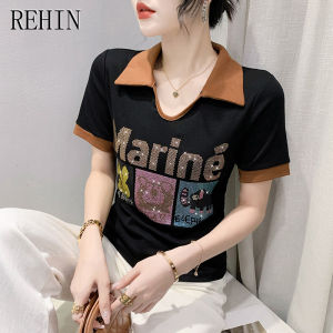 REHIN เสื้อโปโลผู้หญิง สะพายไหล่ อเนกประสงค์ อินเทรนด์ เสื้อทรงหลวม เข้ารูปแขน สั้นผ้า ฝ้าย