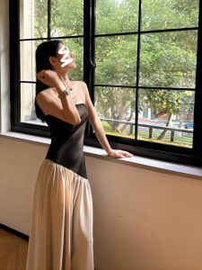 Elegant Asymmetrical Color Block Bustier Dress Womens Slimming French Evening Gown Luxury Minimalist Birthday One Shoulder Long Dress