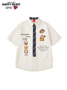 CHARLES JANGS HAPPY HEART | Pleated Collar Short Sleeve Shirt Summer Loose Patchwork Fun Graffiti Casual Style