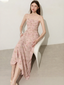 D-PLAY | Vacation Style Pink Pleated Mermaid Dress Sleeveless Fitted Printed